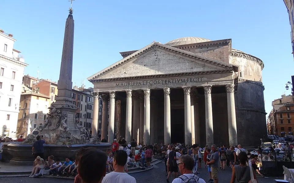 The Pantheon portico and obelisk on Piazza della Rotonda in Rome