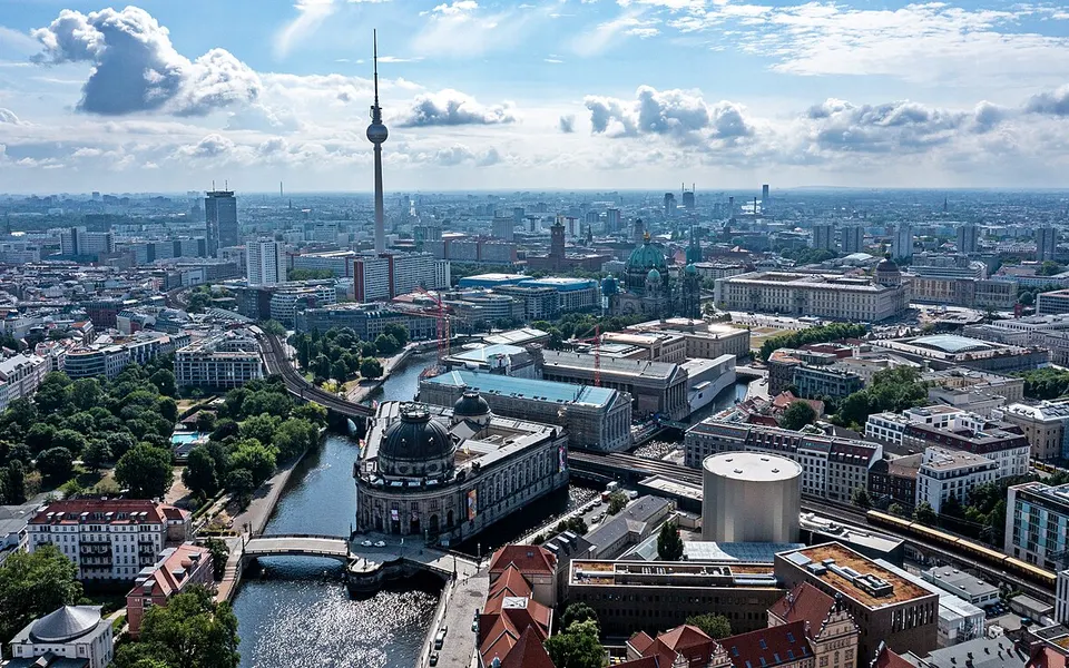 Museum Island, the River Spree and the distant television tower in Berlin