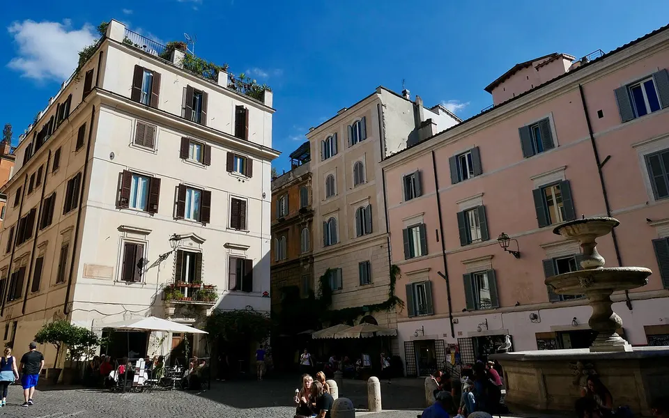 Warm-colored buildings and a fountain on Piazza della Madonna dei Monti in Rome