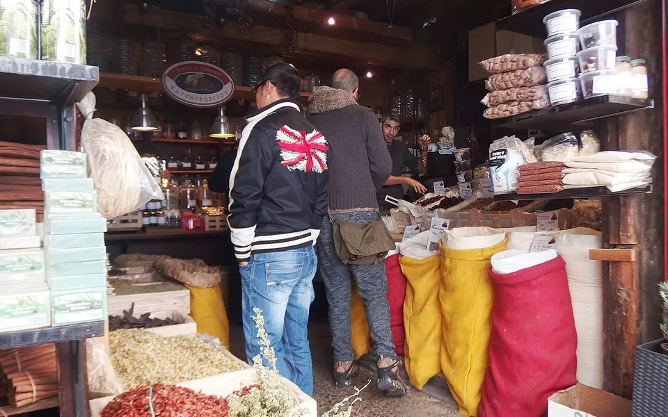 Sacks of spices and other goods at a shop on Evripidou Street in Athens