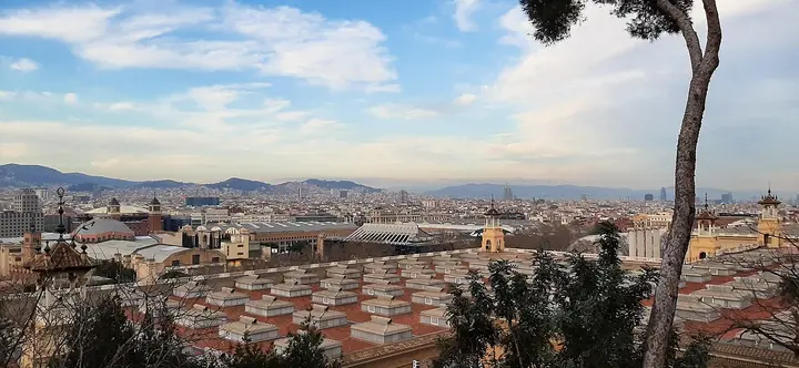 Barcelona rooftops and skyline viewed from a hillside.