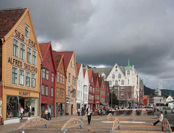 Colourful waterfront buildings beside the harbour in Bergen.