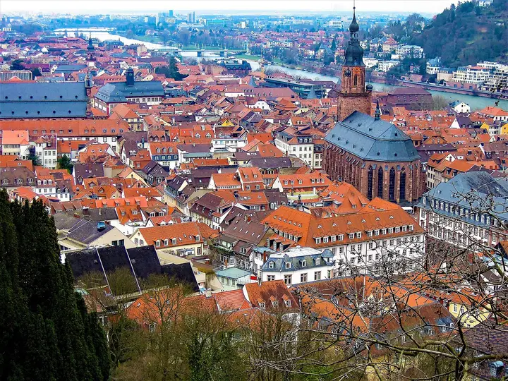 Red rooftops and a church tower in Heidelberg beneath wooded hills.