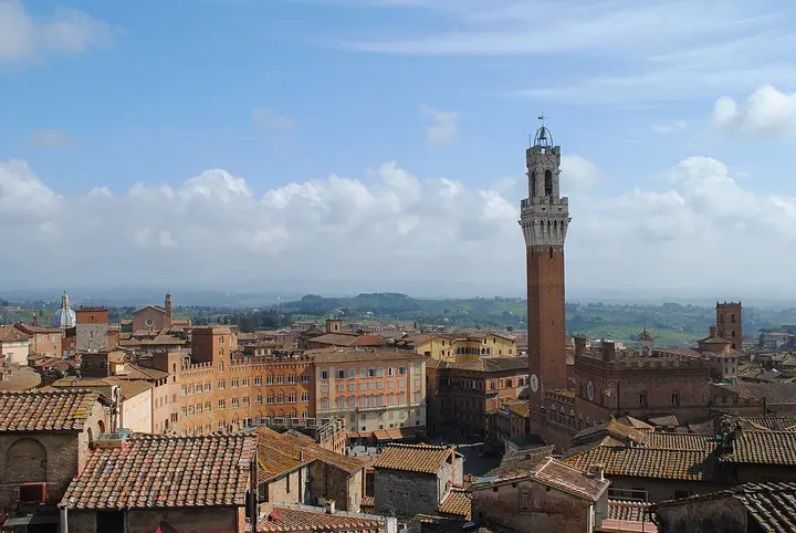 Red rooftops and a tall tower overlooking Siena.