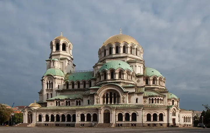 Domes and arched facade of Alexander Nevsky Cathedral in Sofia.